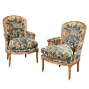 A PAIR OF FRENCH GILTWOOD AND UPHOLSTERED ARMCHAIRS, LOUIS XVI STYLE, LATE 19TH CENTURY