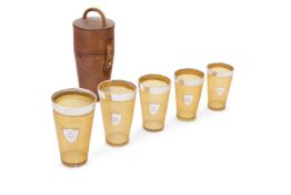 FIVE SILVER MOUNTED HORN BEAKERS, MAKER'S MARKS OBSCURED