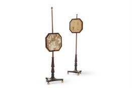 Y A PAIR OF REGENCY BRASS-MOUNTED ROSEWOOD AND SIMULATED ROSEWOOD POLE SCREENS, CIRCA 1820