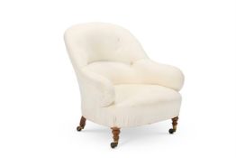 A VICTORIAN WALNUT AND CALICO UPHOLSTERED EASY CHAIR, MID 19TH CENTURY