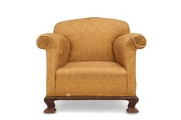 AN EDWARDIAN MAHOGANY AND YELLOW UPHOLSTERED ARMCHAIR, EARLY 20TH CENTURY