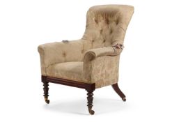 A VICTORIAN MAHOGANY UPHOLSTERED ARMCHAIR, MID 19TH CENTURY