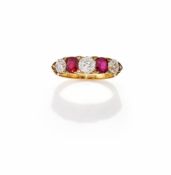 A LATE 19TH CENTURY RUBY AND DIAMOND FIVE STONE RING