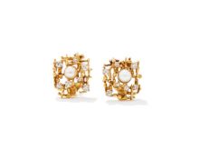A PAIR OF NATURAL PEARL AND DIAMOND EARRINGS
