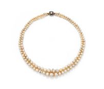 A NATURAL PEARL AND DIAMOND TWO ROW NECKLACE