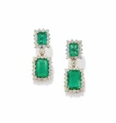 A PAIR OF EMERALD AND DIAMOND EARRINGS