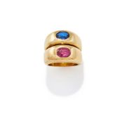 A RUBY AND DIAMOND TWO STONE RING