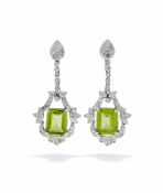 A PAIR OF PERIDOT AND DIAMOND EARRINGS