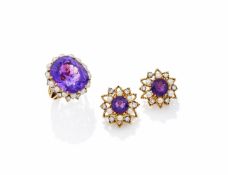 AN AMETHYST, CULTURED PEARL AND DIAMOND DRESS RING AND EARRINGS
