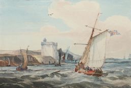 SAMUEL OWEN (ENGLISH 1769-1857), SHIPPING OFF A COASTAL FORT