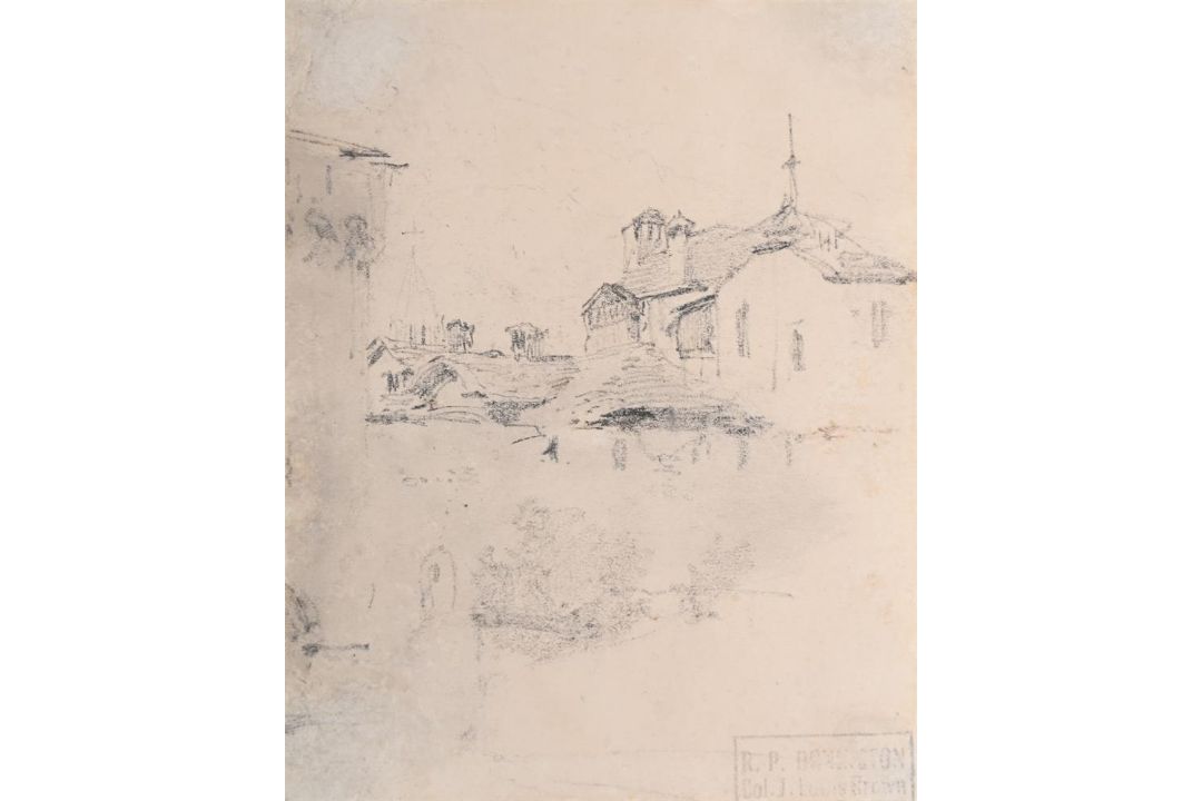 CIRCLE OF RICHARD PARKES BONINGTON (BRITISH 1802 - 1828), STUDY OF VILLAGE ROOFS - Image 1 of 3