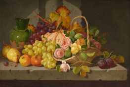 CHARLES THOMAS BALE (BRITISH 1849-1925), STILL LIFE WITH A BASKET OF FRUIT AND FLOWERS