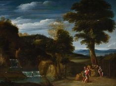 ‡ ATTRIBUTED TO DOMENICO ZAMPIERI, KNOWN AS DOMENICHINO (ITALIAN 1581-1641), LANDSCAPE WITH A HERMIT