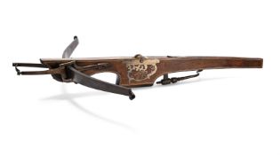 Y A BRASS, STEEL AND MOTHER OF PEARL INLAID MAHOGANY TARGET CROSSBOW, MID 18TH CENTURY