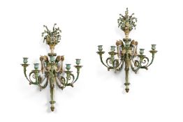 A PAIR OF CONTINENTAL PAINTED GESSO FIVE LIGHT GIRANDOLES, 19TH CENTURY
