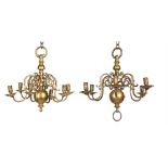 A PAIR OF BRASS SIX LIGHT CHANDELIERS, FIRST HALF 18TH CENTURY