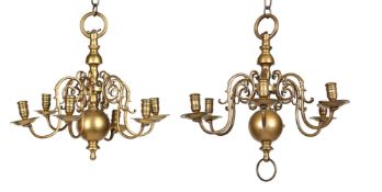 A PAIR OF BRASS SIX LIGHT CHANDELIERS, FIRST HALF 18TH CENTURY