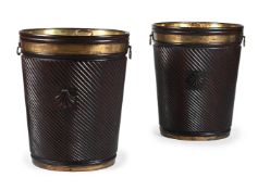 A LARGE PAIR OF MAHOGANY AND BRASS BOUND LOG OR PEAT BUCKETS, CONTEMPORARY
