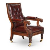 A WILLIAM IV OAK AND LEATHER UPHOLSTERED LIBRARY GOTHIC ARMCHAIR, CIRCA 1835