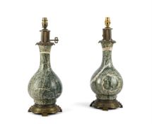 A PAIR OF NAPOLEON III GILT METAL MOUNTED GREEN AND WHITE CIPPOLINO MARBLE LAMPS, LATE 19TH CENTURY