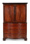 A GEORGE III MAHOGANY AND MARQUETRY DECORATED CLOTHES PRESS, CIRCA 1775