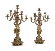 A LARGE PAIR OF GILT BRONZE TERM FORM SIX LIGHT CANDELABRA, FRENCH, MID 19TH CENTURY