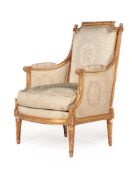 A LOUIS XVI GILTWOOD AND UPHOLSTERED BERGERE, BY ADRIEN-PIERRE DUPAIN, CIRCA 1780
