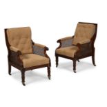 A PAIR OF WILLIAM IV MAHOGANY BERGERE LIBRARY ARMCHAIRS, CIRCA 1830