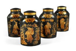 A SET OF FOUR VICTORIAN TOLE, BLACK LAQUER AND GILT CHINOISERIE DECORATED TEA CANISTERS