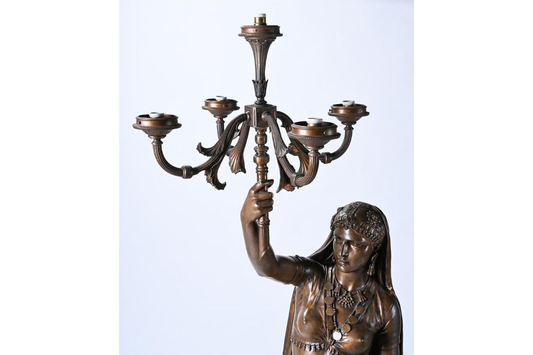 AFTER ÉMILE-CORIOLAN-HIPPOLYTE GUILLEMIN, A BRONZE FIGURAL LIGHT OR TORCHERE 'FEMME INDIENNE' - Image 4 of 8