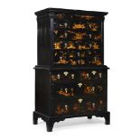 A QUEEN ANNE BLACK LACQUER AND CHINOISERIE DECORATED CHEST ON STAND, CIRCA 1710