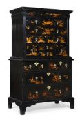 A QUEEN ANNE BLACK LACQUER AND CHINOISERIE DECORATED CHEST ON STAND, CIRCA 1710