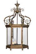 A LARGE GILT METAL FRAMED HALL LANTERN, LATE 19TH CENTURY