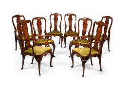 A SET OF EIGHT ANGLO-DUTCH WALNUT AND MARQUETRY CHAIRS, EARLY 18TH CENTURY, THE ARMCHAIRS LATER