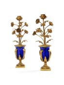 A PAIR OF FRENCH ORMOLU AND BLUE GLASS CANDELABRA, 19TH CENTURY