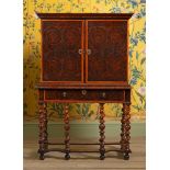 A FINE WILLIAM & MARY OLIVEWOOD OYSTER VENEERED CABINET ON STAND, CIRCA 1690