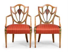 A PAIR OF POLYCHROME PAINTED ARMCHAIRS, IN GEORGE III STYLE, 20TH CENTURY