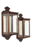 A PAIR OF MAHOGANY AND PARCEL GILT WALL LANTERNS, IN GEORGE III STYLE, PROBABLY COLEFAX & FOWLER