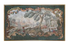 A LARGE TAPESTRY CARTOON OF CARTOUCHE DESIGN WITH A GROTTO AND VILLAGE BEYOND