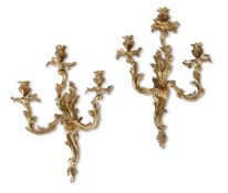 A LARGE PAIR OF FRENCH ORMOLU THREE BRANCH WALL LIGHTS, 18TH OR 19TH CENTURY