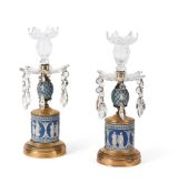 A PAIR OF TRICOLOUR WEDGWOOD STYLE MOUNTED GILT BRONZE AND CUT GLASS CANDLESTICKS, 19TH CENTURY
