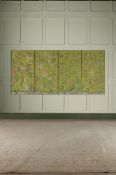 A SET OF FOUR ‘ERDEM’ CHINOISERIE PATTERN PANELS HAND PAINTED ON VERDE CHIARO DYED SILK