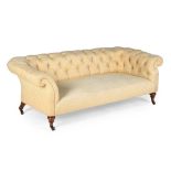 A VICTORIAN WALNUT AND UPHOLSTERED CHESTERFIELD SOFA, BY HOWARD & SONS, LATE 19TH CENTURY