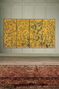 A SET OF FOUR 'ERDEM' CHINOISERIE PATTERN PANELS HAND PAINTED ON GOLDEN YELLOW DYED SILK