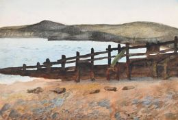 HILDA CARLINE (BRITISH 1889-1950), GROYNE ON THE BEACH