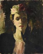 λ DORIS ZINKEISEN (BRITISH 1897-1991), PORTRAIT OF AN ELEGANT LADY, WEARING BLACK GLOVES
