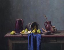 λ ERIC DE VREE (BELGIAN B. 1966), PEARS WITH AN ANTIQUE WOODEN PAIL