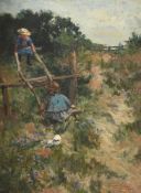 GEORGE CARLINE (BRITISH 1855-1920), HAREBELLS, SYDNEY & HILDA ON A SEESAW