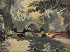 HILDA CARLINE (BRITISH 1889-1950), MENDING NETS