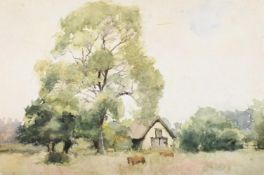 HILDA CARLINE (BRITISH 1889-1950), CATTLE BESIDE A BARN